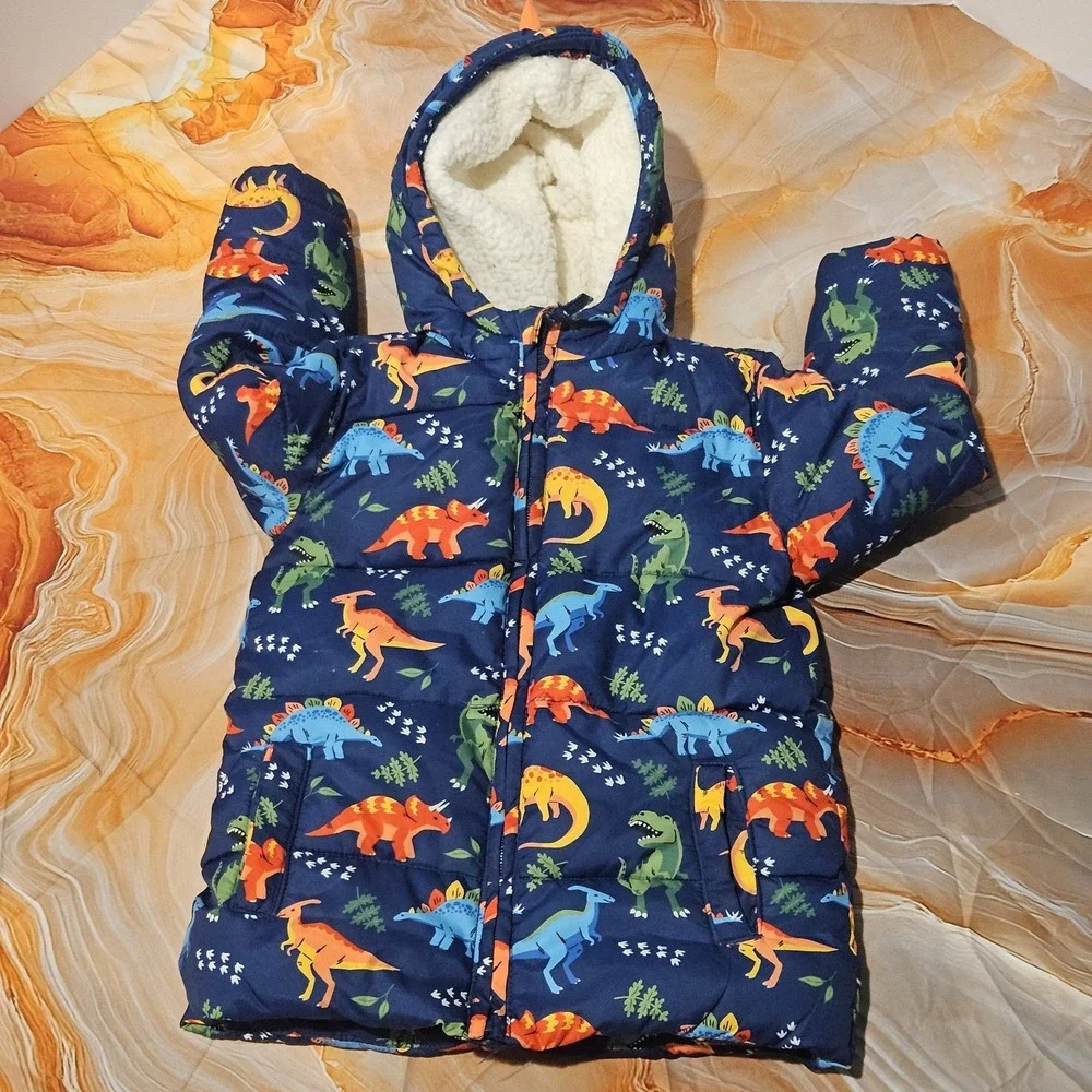 Gymboree Boys 5T Dinosaur Puffer Jacket Navy Hooded Sherpa Lined